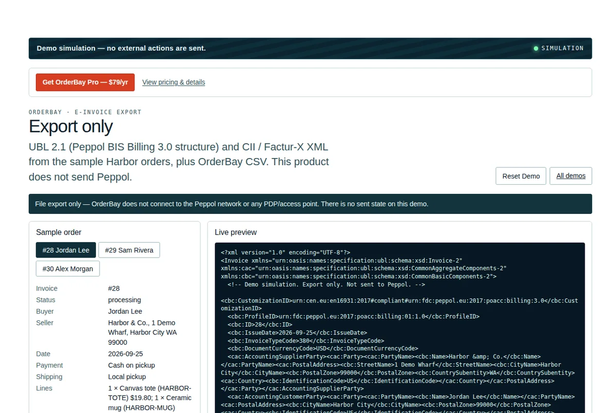 OrderBay interactive demo showing a sample order and e-invoice export preview