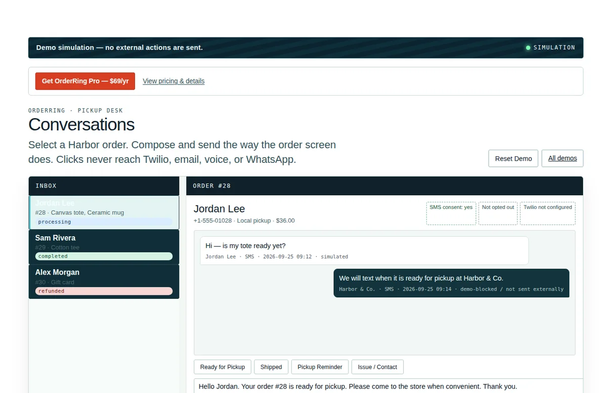 OrderRing interactive demo showing a fictional order conversation and pickup messaging controls